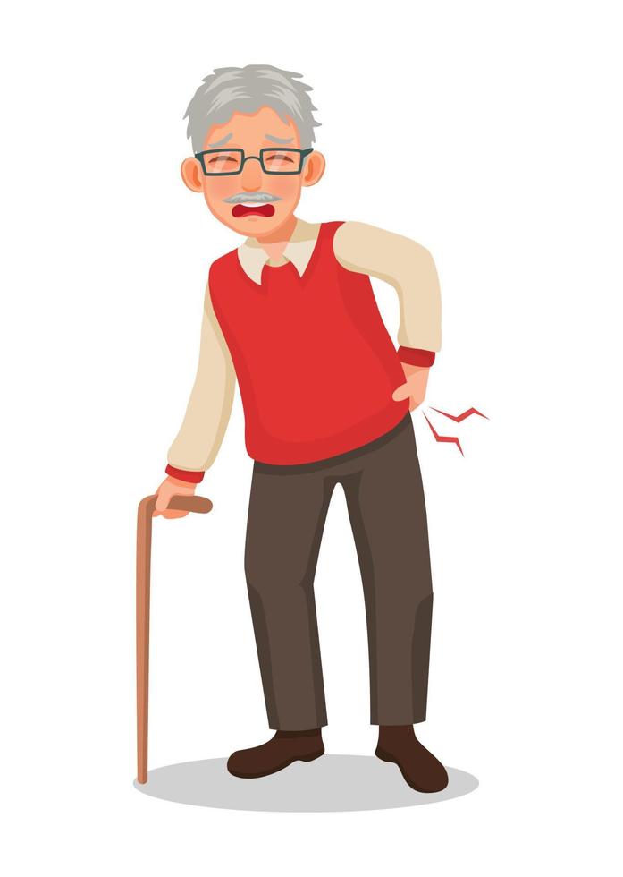 senior ouderen Mens met wandelen stok lijden van lager terug pijn vector