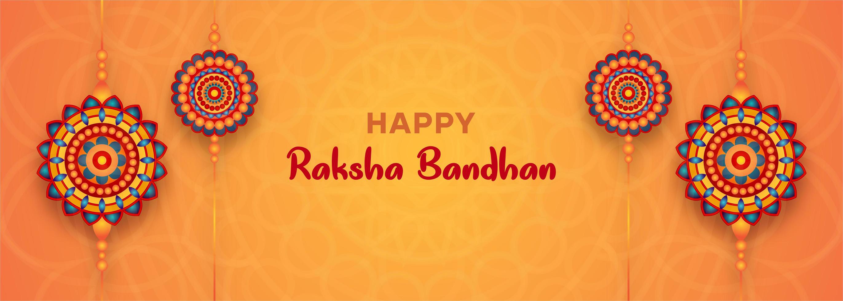 raksha bandhan oranje banner met 4 kleurrijke mandala's vector