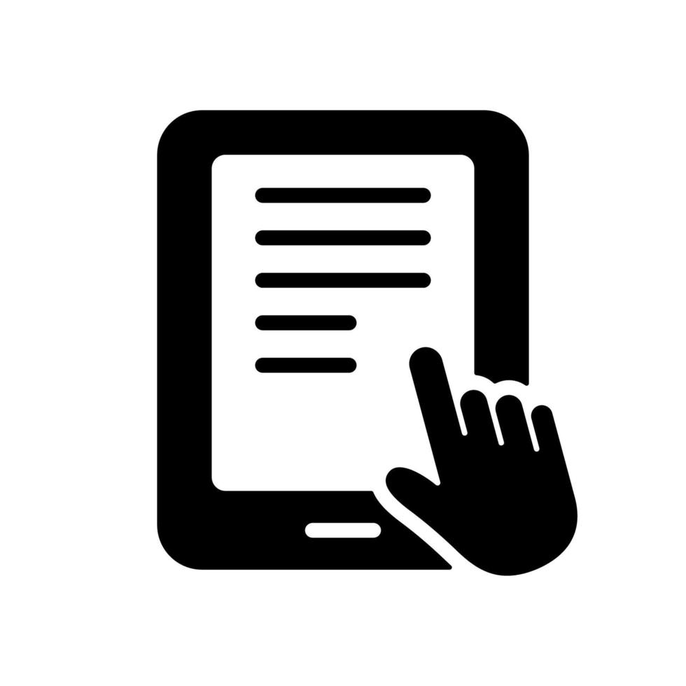 ebook silhouet icoon met muis wijzer. elektronisch boek apparaat voor onderwijs en aan het leren. e-book lezer, e-reader zwart icoon. pc tablet pictogram. vector geïsoleerd illustratie.