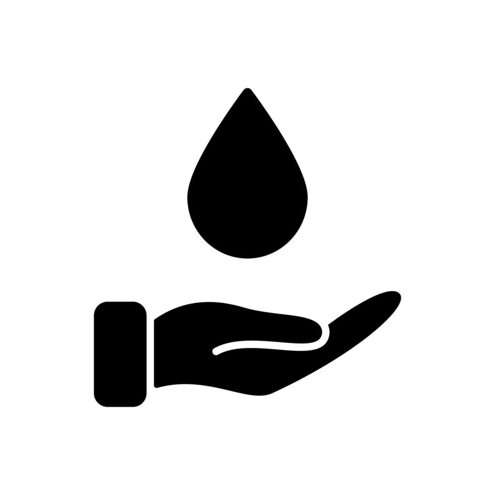 hand- houden water laten vallen silhouet icoon. opslaan water naar helpen wereld zwart icoon. zorg, opslaan, liefdadigheid, vrijwilligerswerk en schenken concept. teken voor ecologie. vector illustratie.