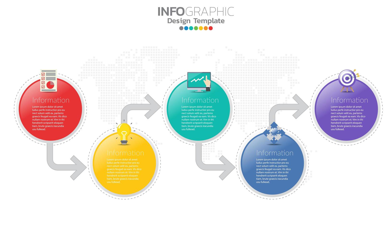 kleurrijke cirkel en pijl 5 stappen infographic vector