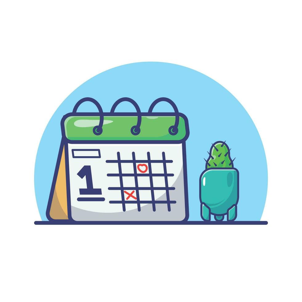 gemakkelijk tekenfilm illustratie van een bureau kalender, cactus in een mini pot Aan de tafel. kantoor eigendom concept. vector