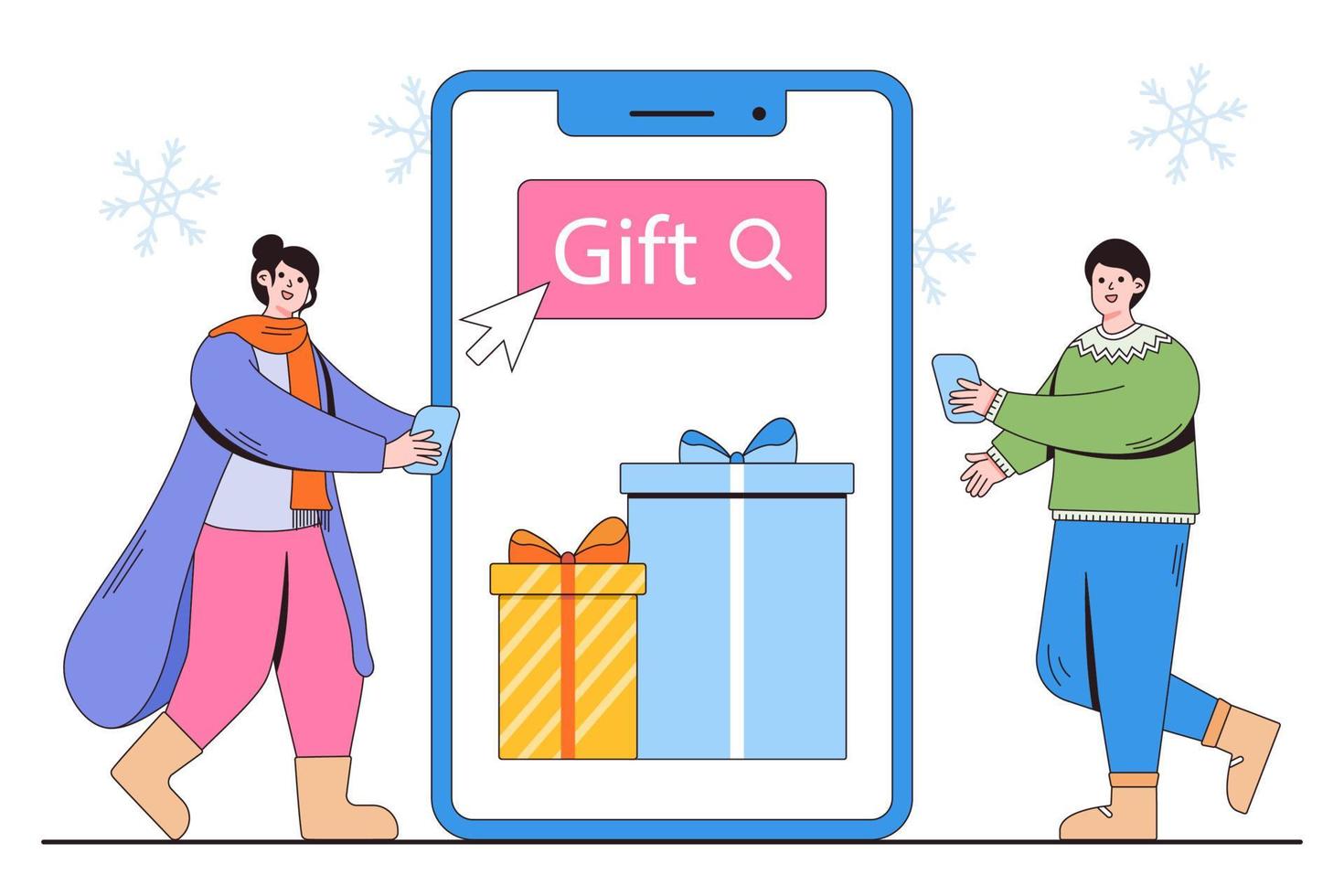 mannen en Dames staand in de buurt groot smartphone voor zoeken Kerstmis cadeaus en inkoop presenteert. tekenfilm tekens met schets. vector illustraties voor landen bladzijde sjabloon, ui, web, poster