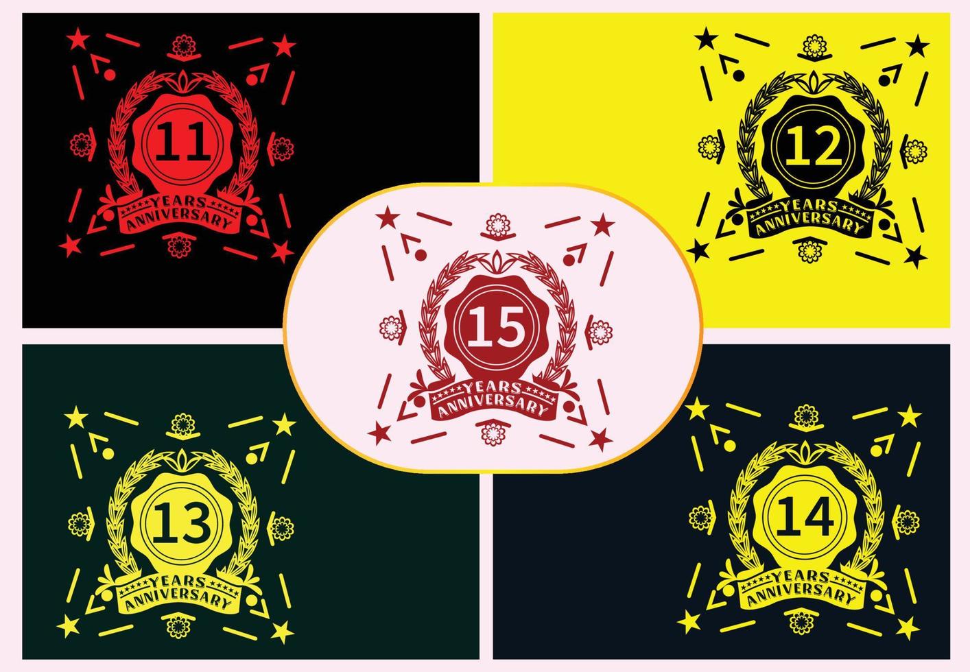 11 naar 15 jaren verjaardag logo en sticker ontwerp bundel vector