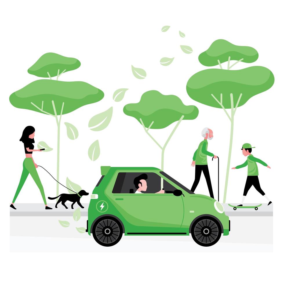 groene of alternatieve energie met man elektrische auto rijden vector