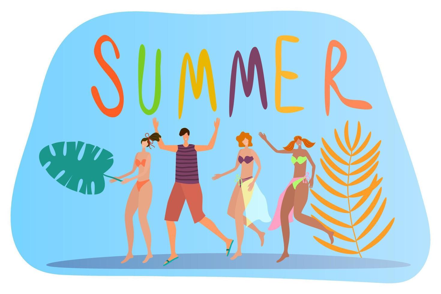 vlak vector illustratie.vrolijk jong mensen zijn gelukkig dat zomer heeft komen .concept van zee, strand, vakantie en zomer.