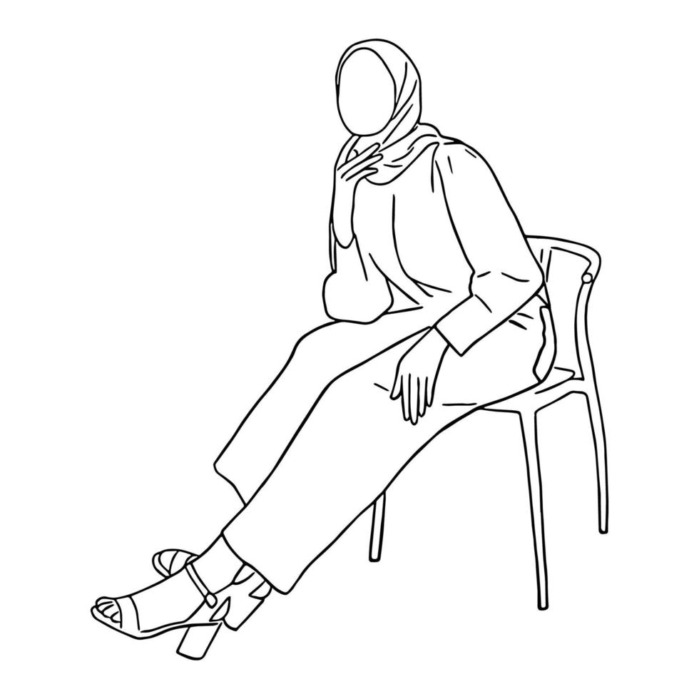 lijn kunst minimaal van moslim vrouw hijab zittend Aan stoel in hand- getrokken concept voor decoratie, tekening stijl vector