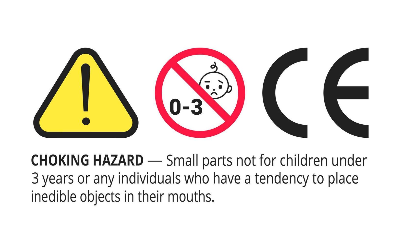 verstikkingsgevaar verboden teken sticker niet geschikt voor kinderen onder de 3 jaar geïsoleerd op een witte achtergrond vectorillustratie. gevarendriehoek, scherpe randen en kleine onderdelen gevaar. vector