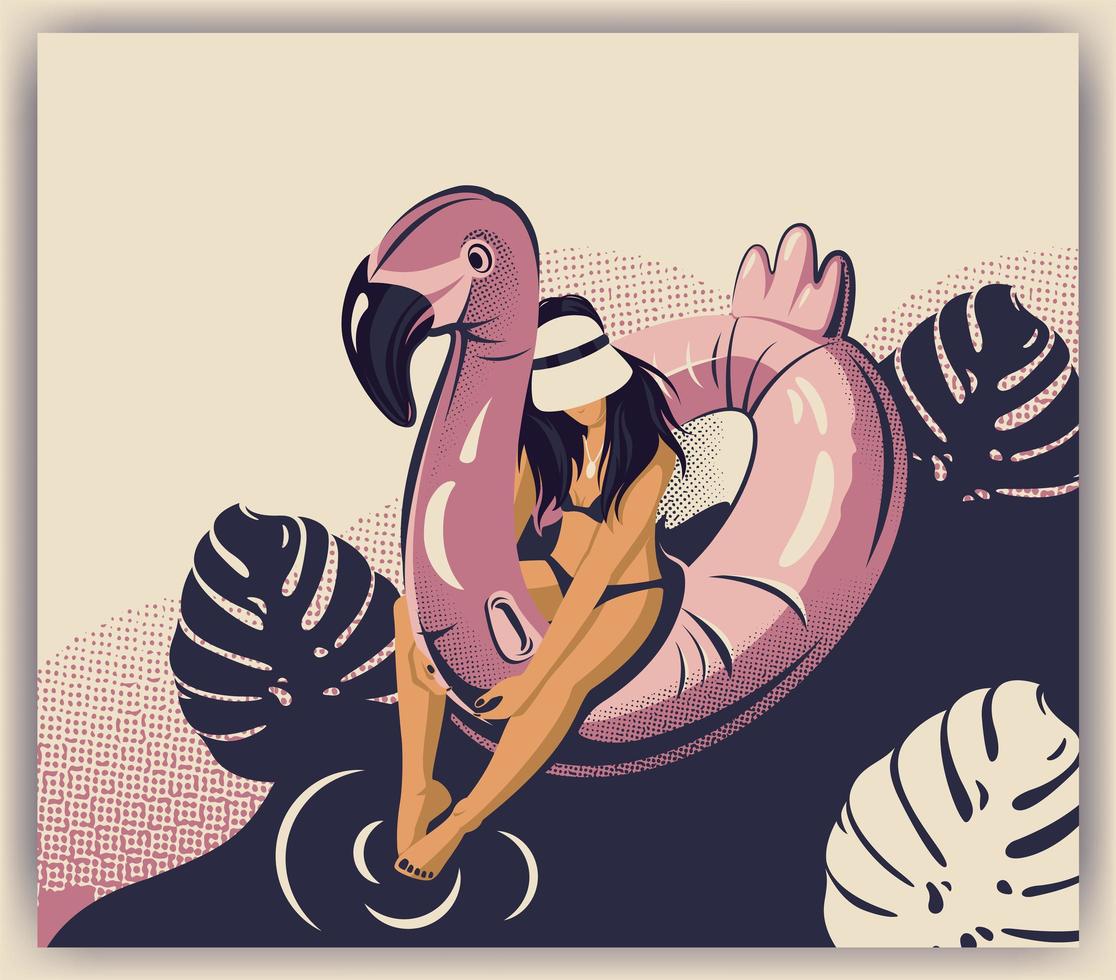 retro design met vrouw zittend op flamingo float vector