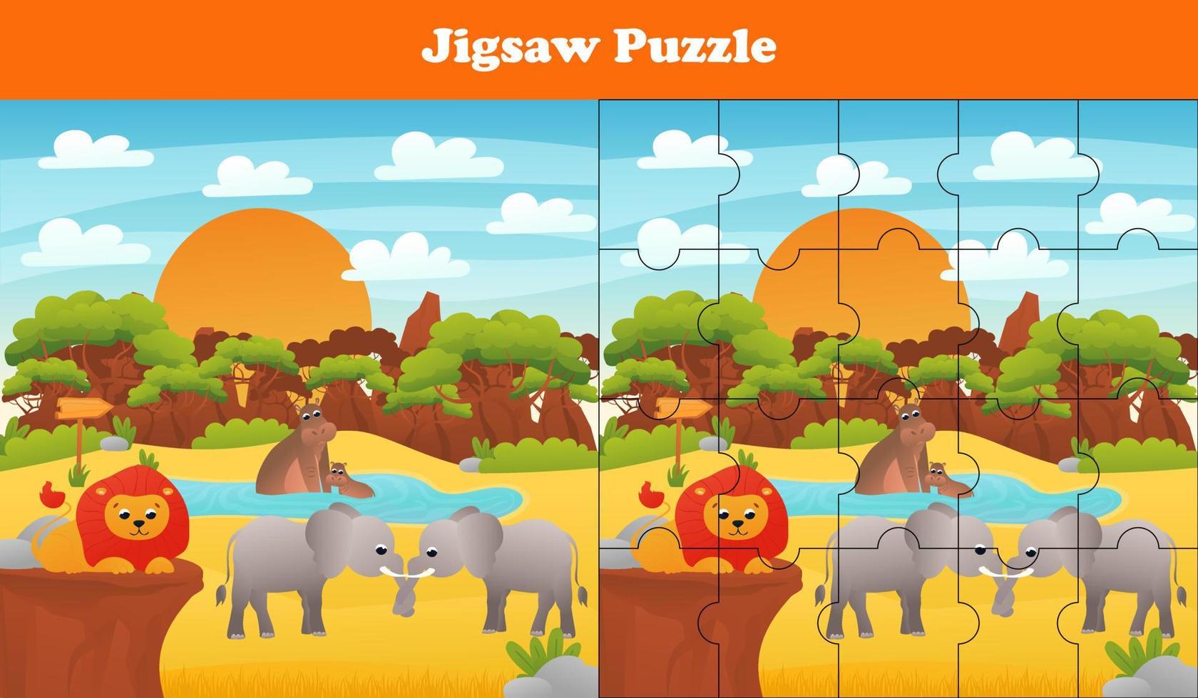 tekenfilm vector illustratie van leerzaam decoupeerzaag puzzel spel voor peuter- kinderen met grappig leeuw, olifant
