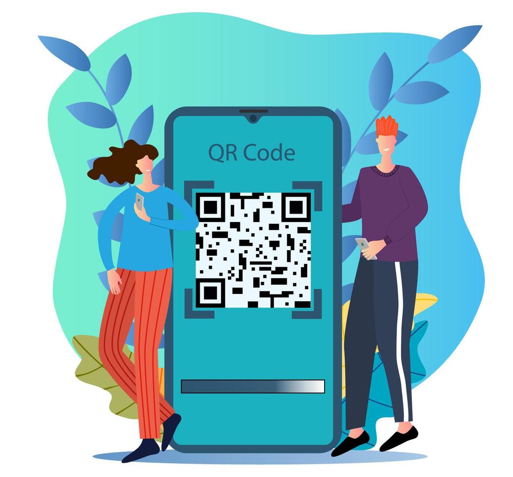 vlak vector illustratie.mensen gebruik smartphones naar scannen de qr code.can worden gebruikt voor banier, poster en web plaats.