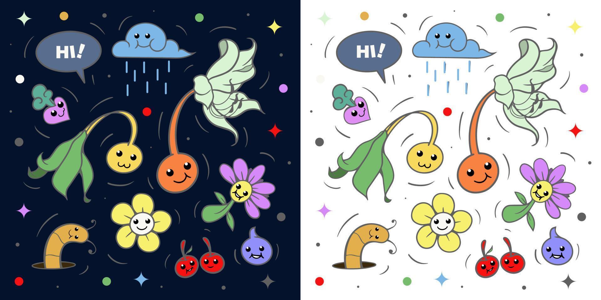 gelukkig halloween. monster planten kleurrijk icoon reeks lijn. schattig tekenfilm kawaii karakter. wit en donker blauw achtergrond. vlak ontwerp. kleurrijk groot vector set. modieus illustratie voor kinderen.