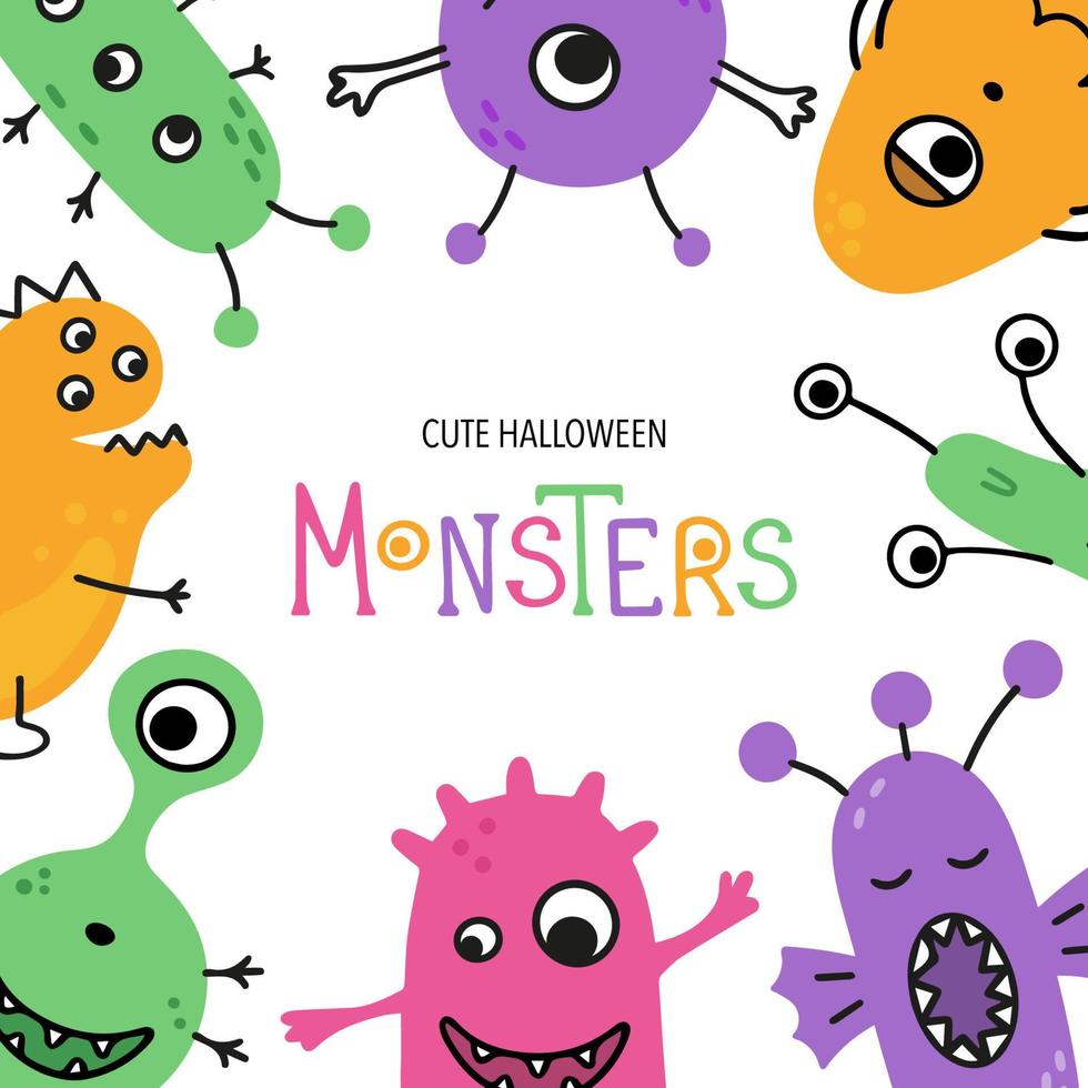 achtergrond van hand- getrokken divers monsters, bacterieën, virussen en bacteriën. gelukkig halloween. schattig baby karakter. grappig hoofd gezicht kleurrijk kader. ontwerp voor banier, decoratie, poster vector