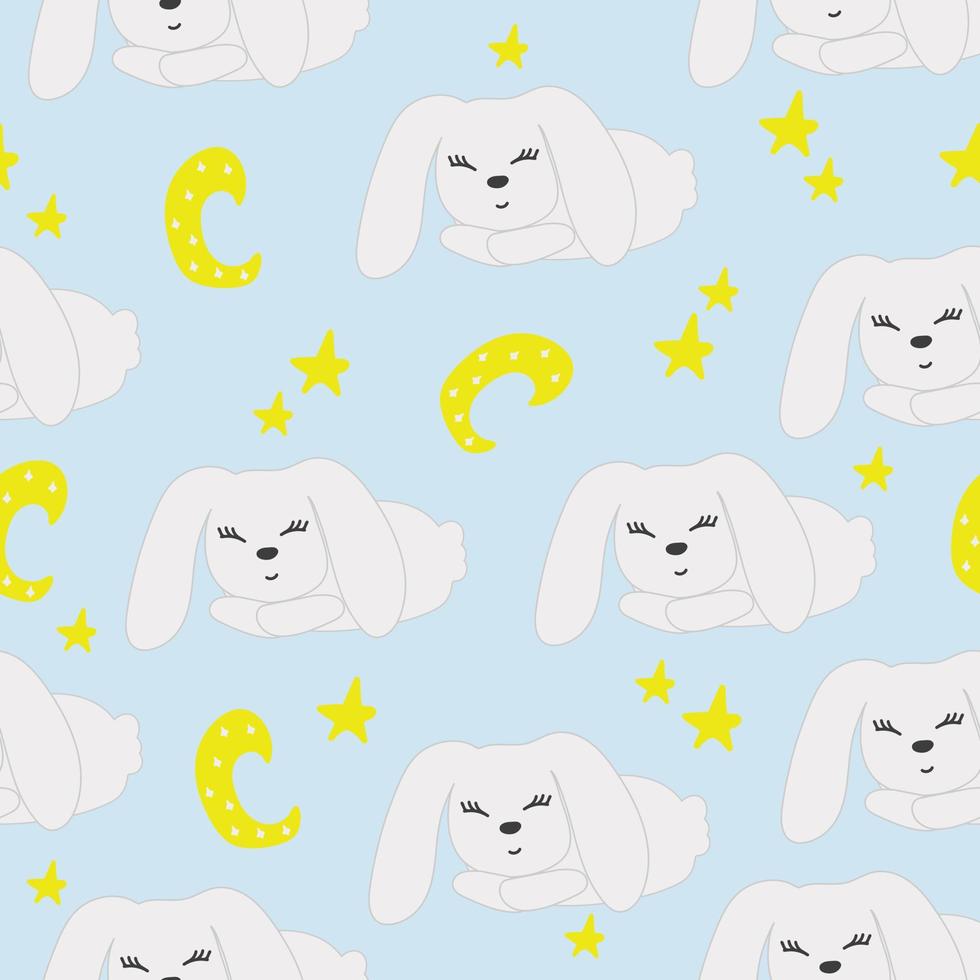naadloos patroon slapen konijn en sterren met de maan, hand getekend Aan een blauw achtergrond vector