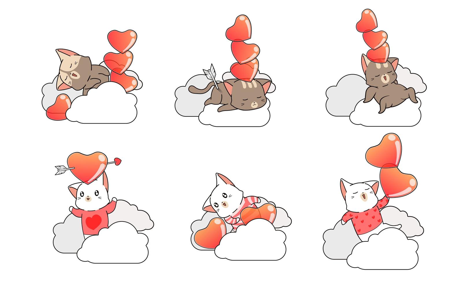 6 katten met hartjes op wolken vector