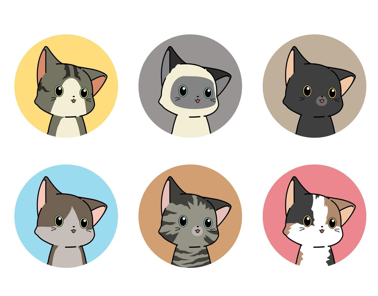 6 ronde kattenstickers vector