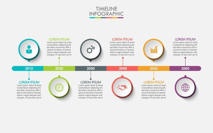 kleurrijke tijdlijn infographic met 6 cirkelopties vector