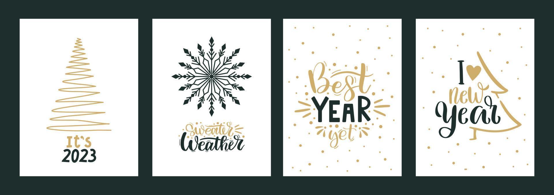 vrolijk Kerstmis en gelukkig nieuw jaar reeks van groet kaarten, posters met divers bomen sneeuwvlokken. Kerstmis ontwerp met belettering, boom, kristal, sneeuwvlokken in modern kunst stijl.hand getrokken modieus vector