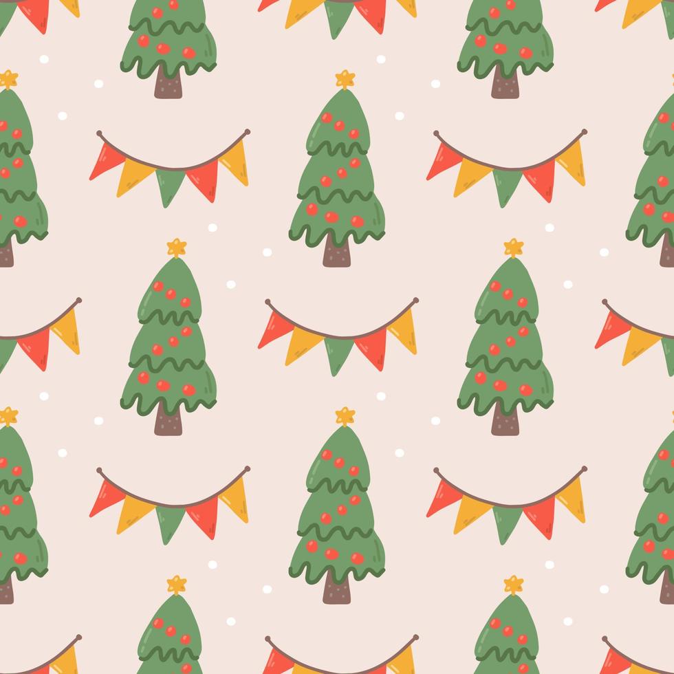 Kerstmis vector naadloos patroon in vlak stijl, Kerstmis boom en decoratie