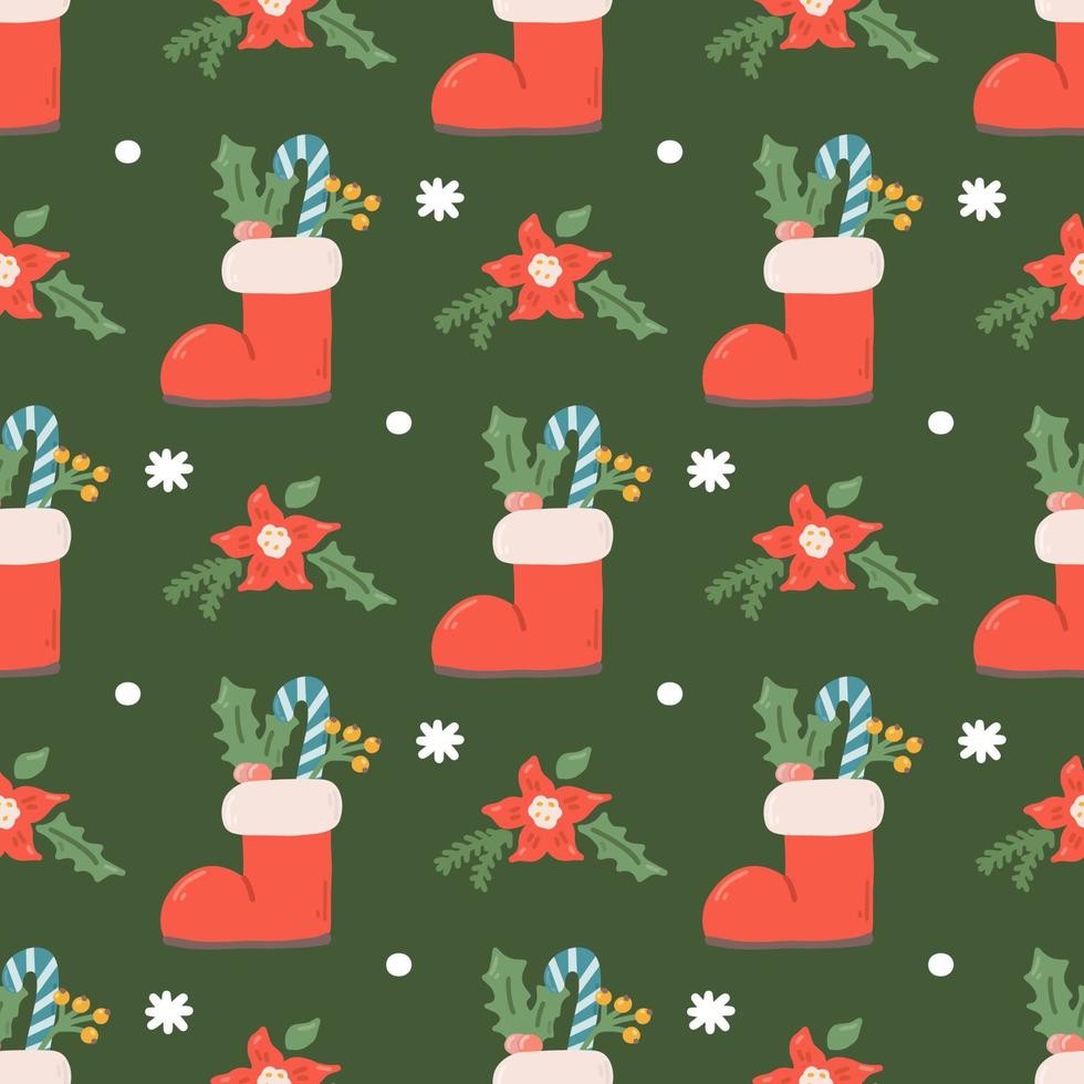 Kerstmis vector naadloos patroon, laarzen met decoraties, bessen en snoepgoed Aan groen achtergrond