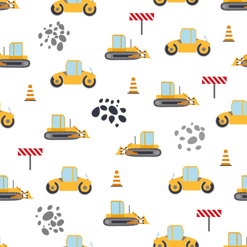 schattig kinderachtig naadloos patroon met geel auto dump vrachtwagen, kraan, beton mixer. bouw plaats illustratie in tekenfilm stijl vector