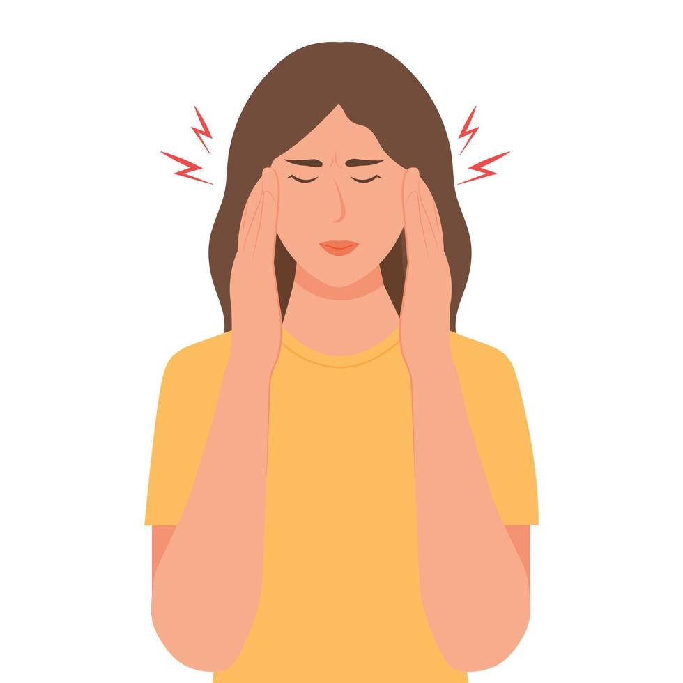 hoofdpijn. jong vrouw lijden migraine, Holding hoofd met handen. vector illustratie.