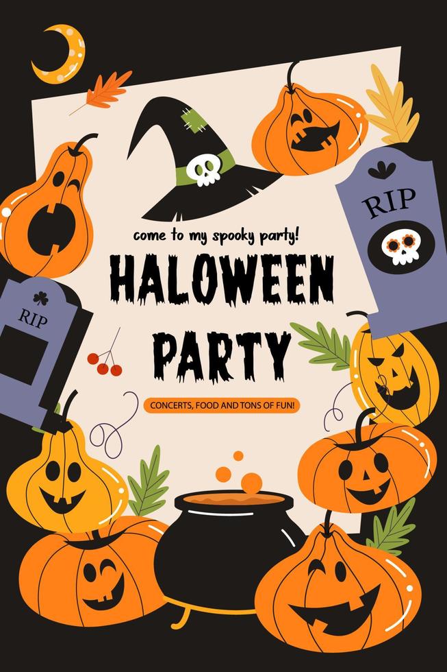 gelukkig halloween vector poster, banier, uitnodiging met oranje eng en grappig pompoenen.