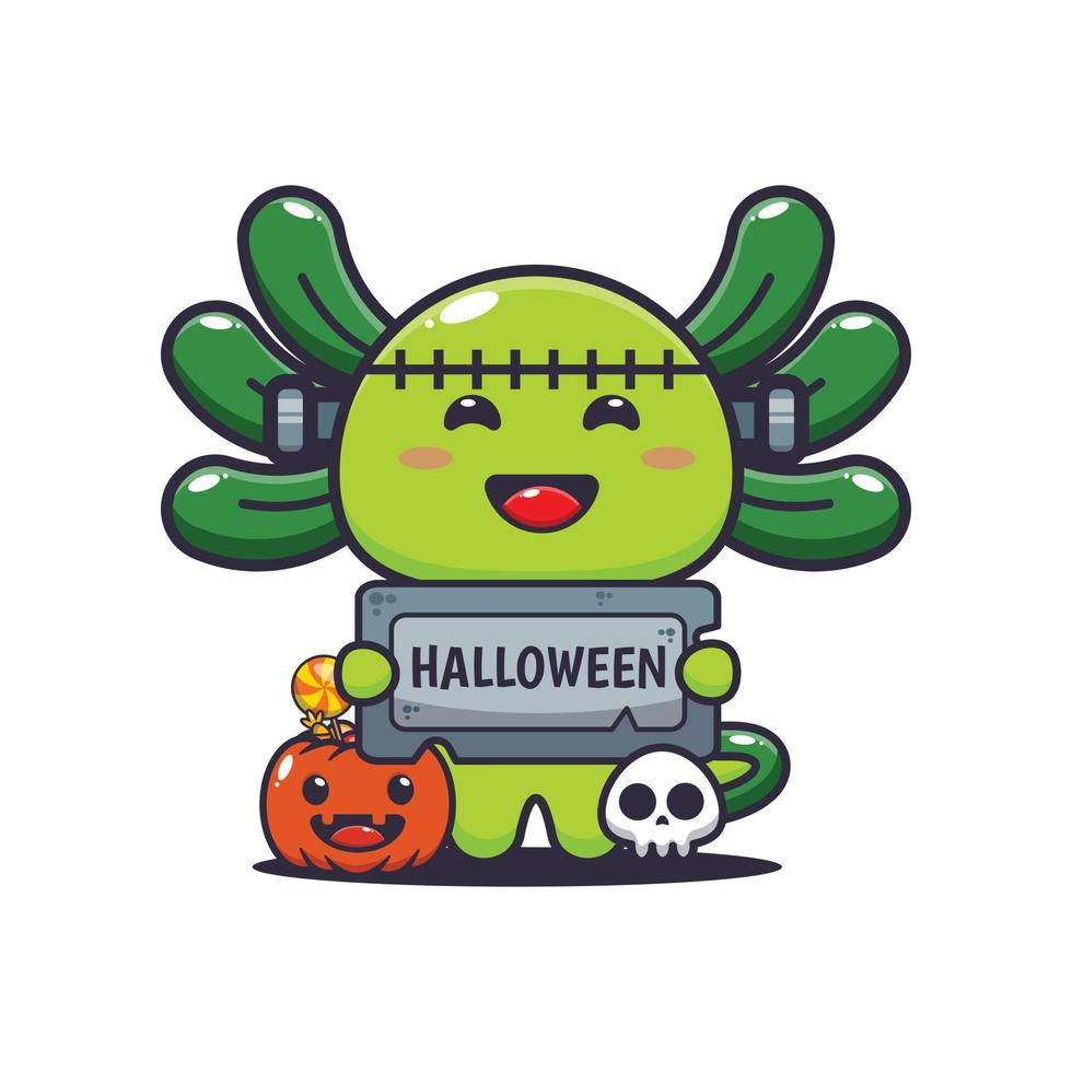 schattig zombie axolotl Holding halloween groet steen. schattig halloween tekenfilm illustratie. vector