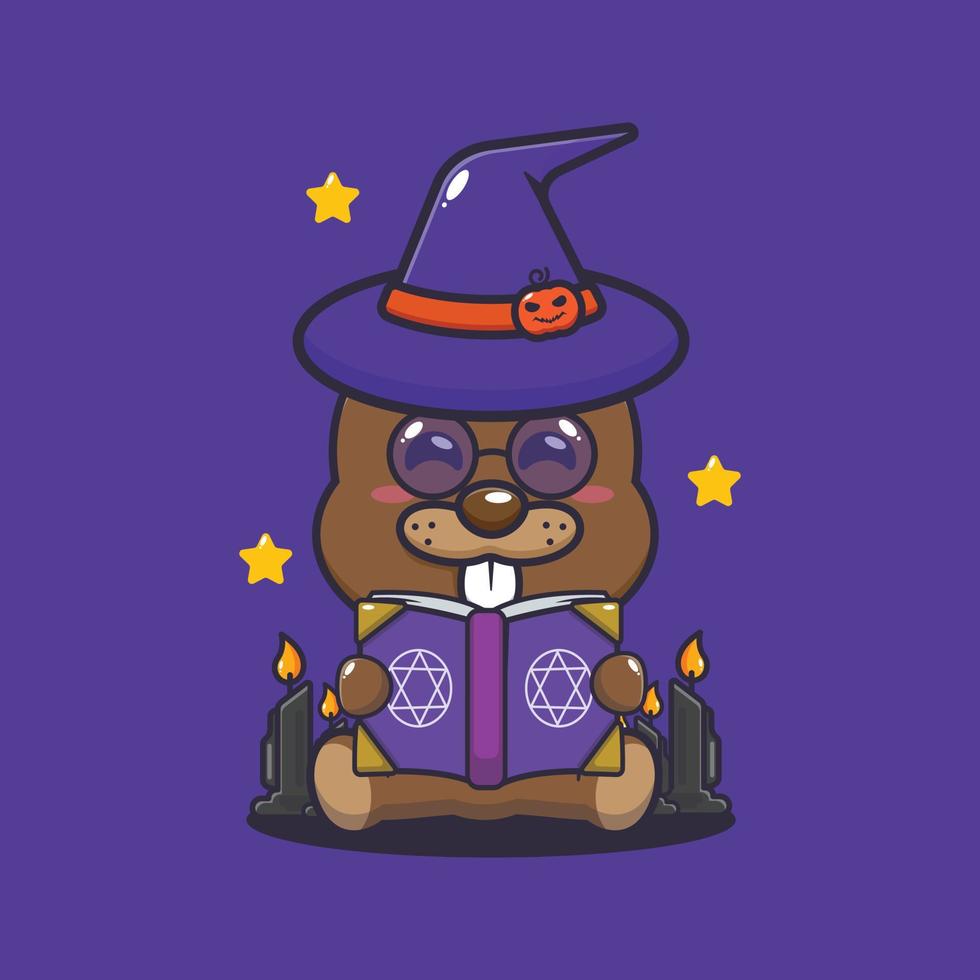 schattig heks bever lezing spellen boek. schattig halloween tekenfilm illustratie. vector