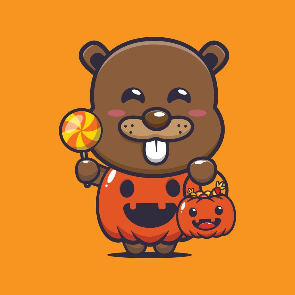 schattig bever met halloween pompoen kostuum. schattig halloween tekenfilm illustratie. vector