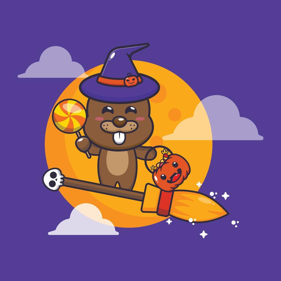 schattig heks bever vlieg met bezem in halloween nacht. schattig halloween tekenfilm illustratie. vector