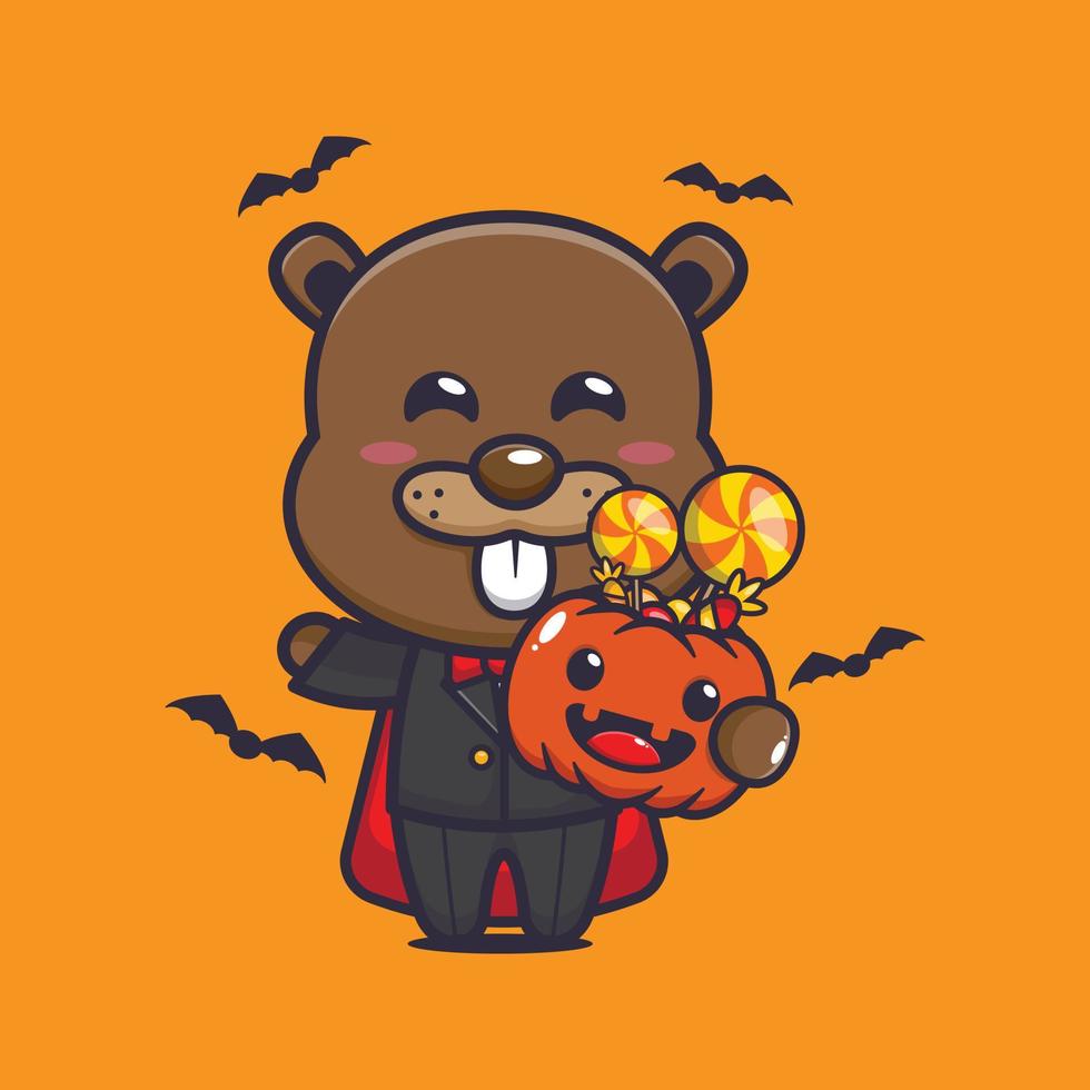 schattig vampier bever Holding halloween pompoen. schattig halloween tekenfilm illustratie. vector