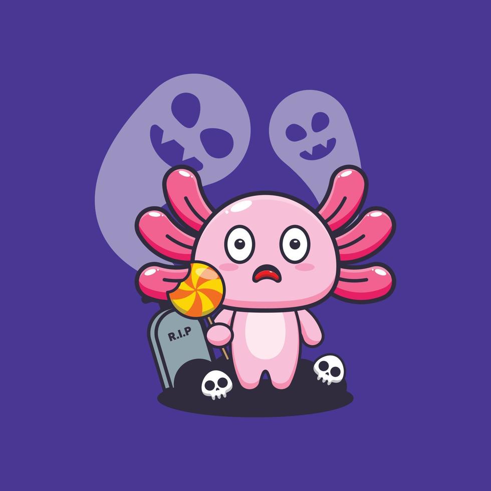 schattig axolotl bang door geest in halloween dag. schattig halloween tekenfilm illustratie. vector