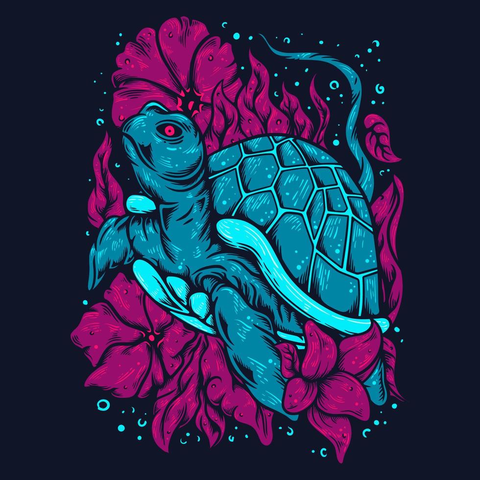 vector illustratie kleurrijk zee schildpad onder water omringd door zee onkruid en bloemen wijnoogst illustratie
