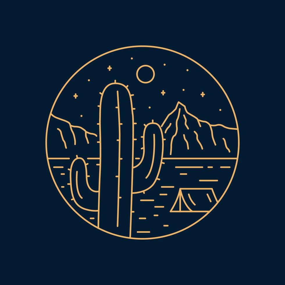 cactus woestijn camping natuur avontuur in de nacht wild lijn insigne lap pin grafisch illustratie vector kunst t-shirt ontwerp