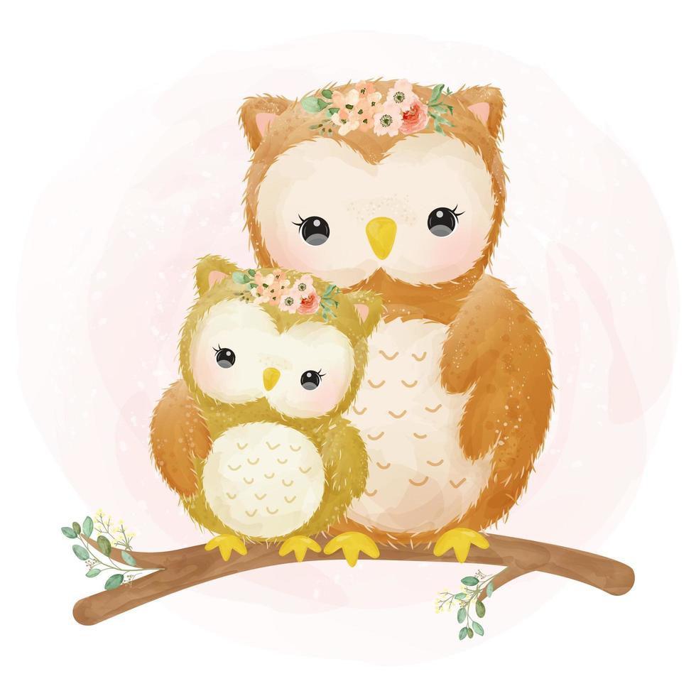 mama en baby uil samen in aquarel stijl vector