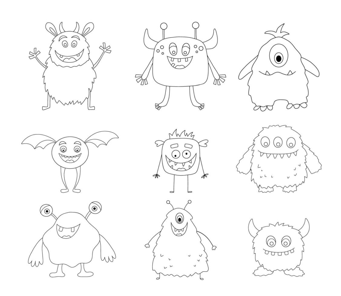 reeks van schattig monsters. grappig koel lijn monster, buitenaardse wezens of fantasie dieren voor kinderachtig kleur boek. hand- getrokken schets tekenfilm vector illustratie geïsoleerd Aan wit.