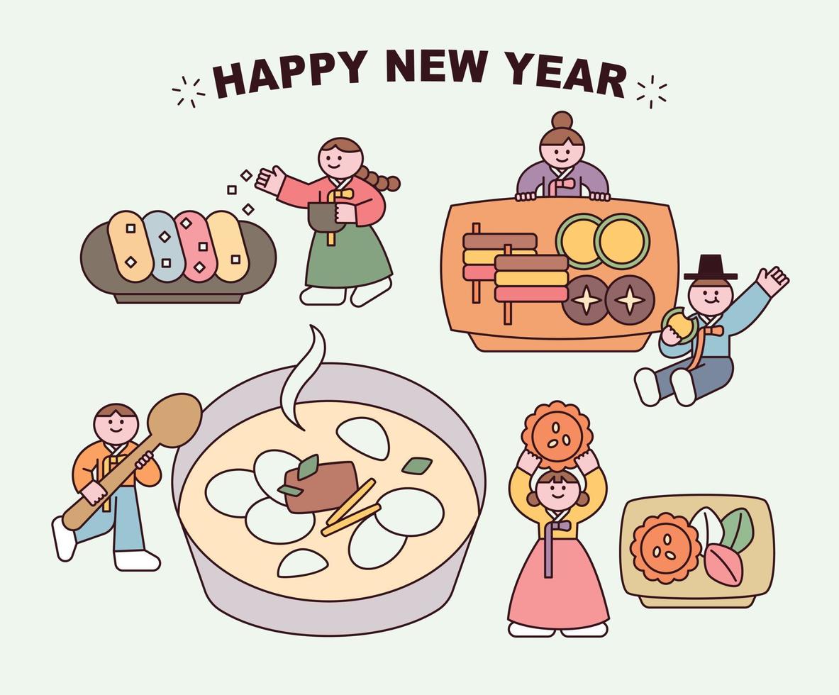 schattig tekens in Koreaans traditioneel kostuums zijn aan het eten reusachtig traditioneel Koreaans voedsel. vector