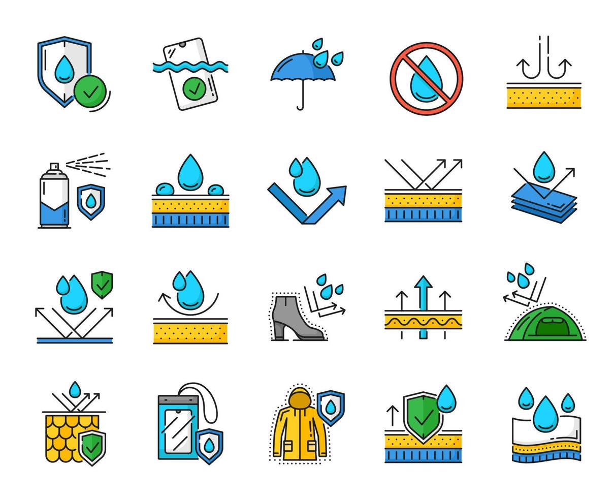 waterbestendig pictogrammen, water bewijs kleur lijn symbolen vector