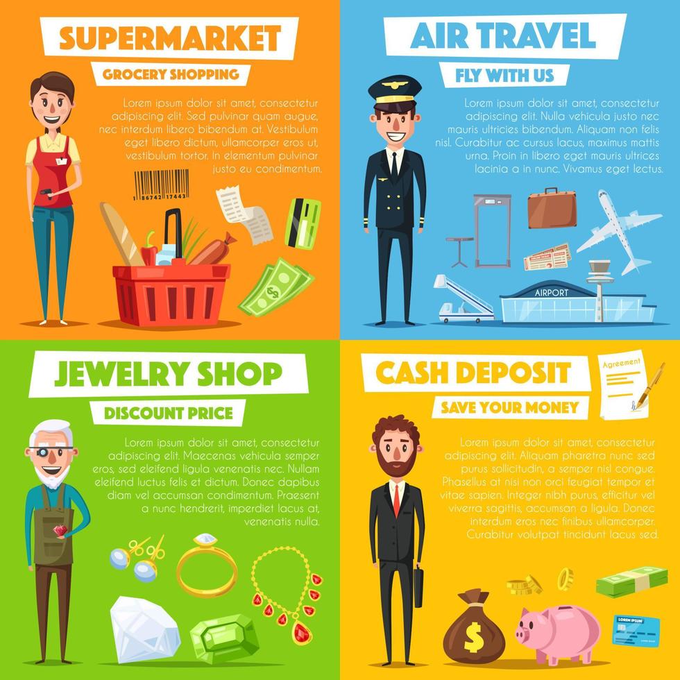 vector posters van winkelen, sieraden en lucht reizen