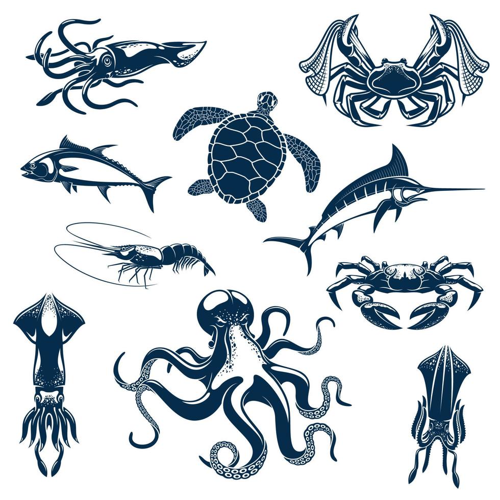 zee vis en oceaan dieren vector geïsoleerd pictogrammen