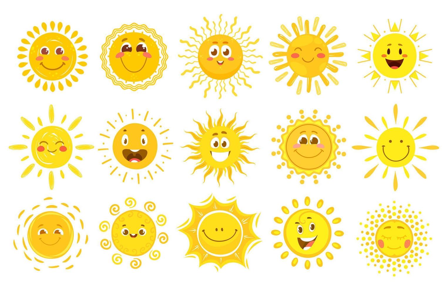 zon glimlacht, zonneschijn schattig karakters, zomer emoji vector