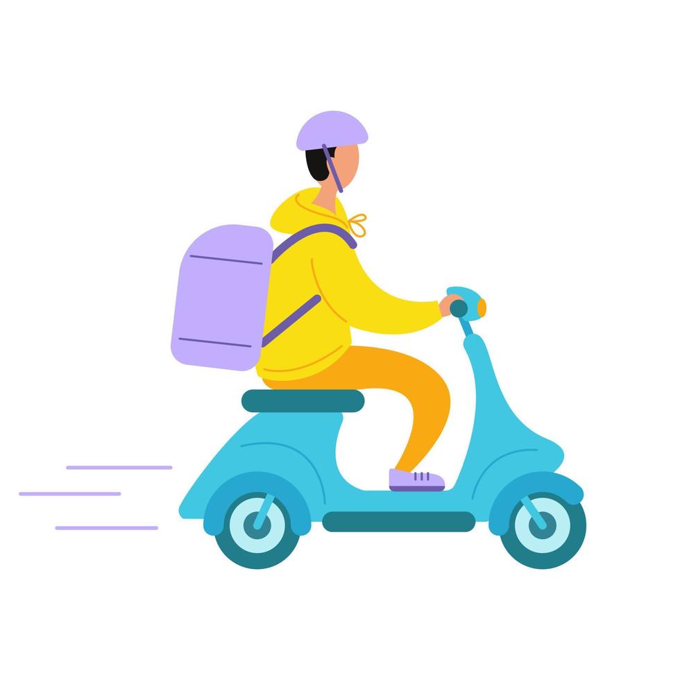 een kruidenier levering Mens met een rugzak ritten een scooter. vector voorraad illustratie in vlak stijl.