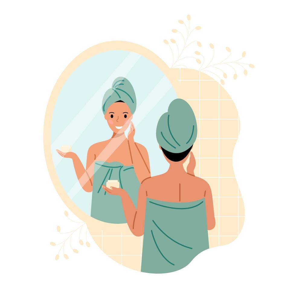 een vrouw in een handdoek en een tulband in de badkamer in voorkant van een spiegel is van toepassing room naar haar gezicht. schoonheid en huid zorg concept. vector voorraad illustratie.