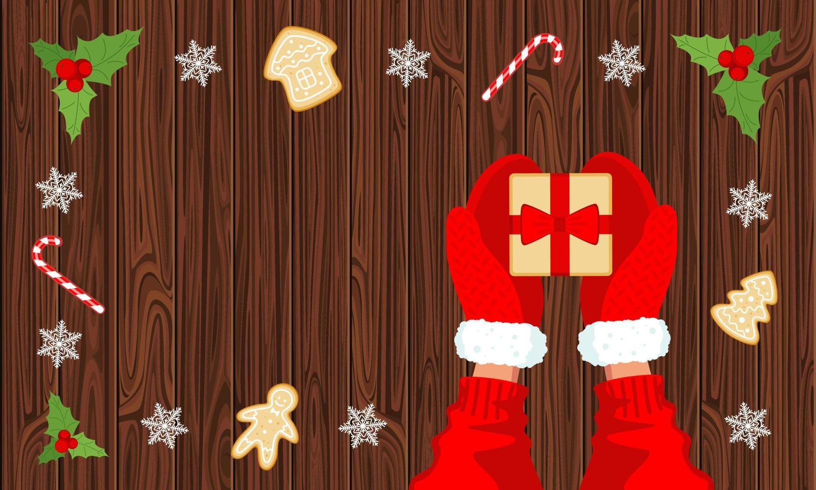 geschenk en handen in rood wanten Aan een houten achtergrond top visie, lolly en peperkoek koekjes. concept van winter nieuw jaar en Kerstmis gezelligheid. vector voorraad illustratie met kopiëren ruimte.
