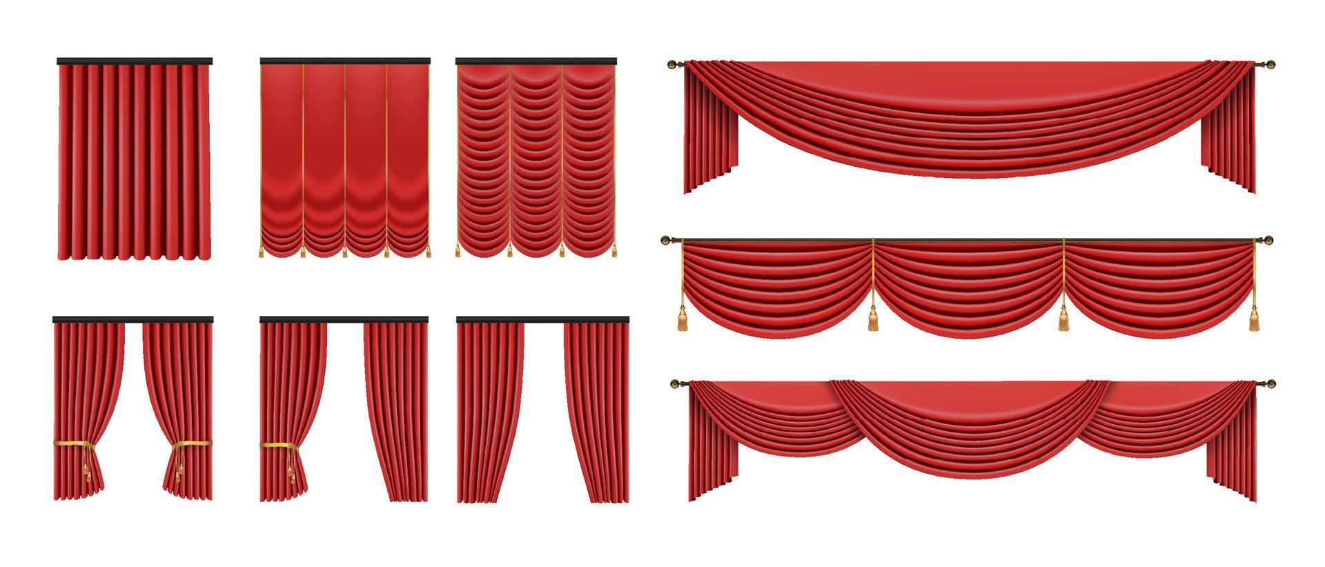 rood gordijnen reeks in klassiek stijl geïsoleerd Aan wit achtergrond. realistisch 3d luxe vector illustratie.
