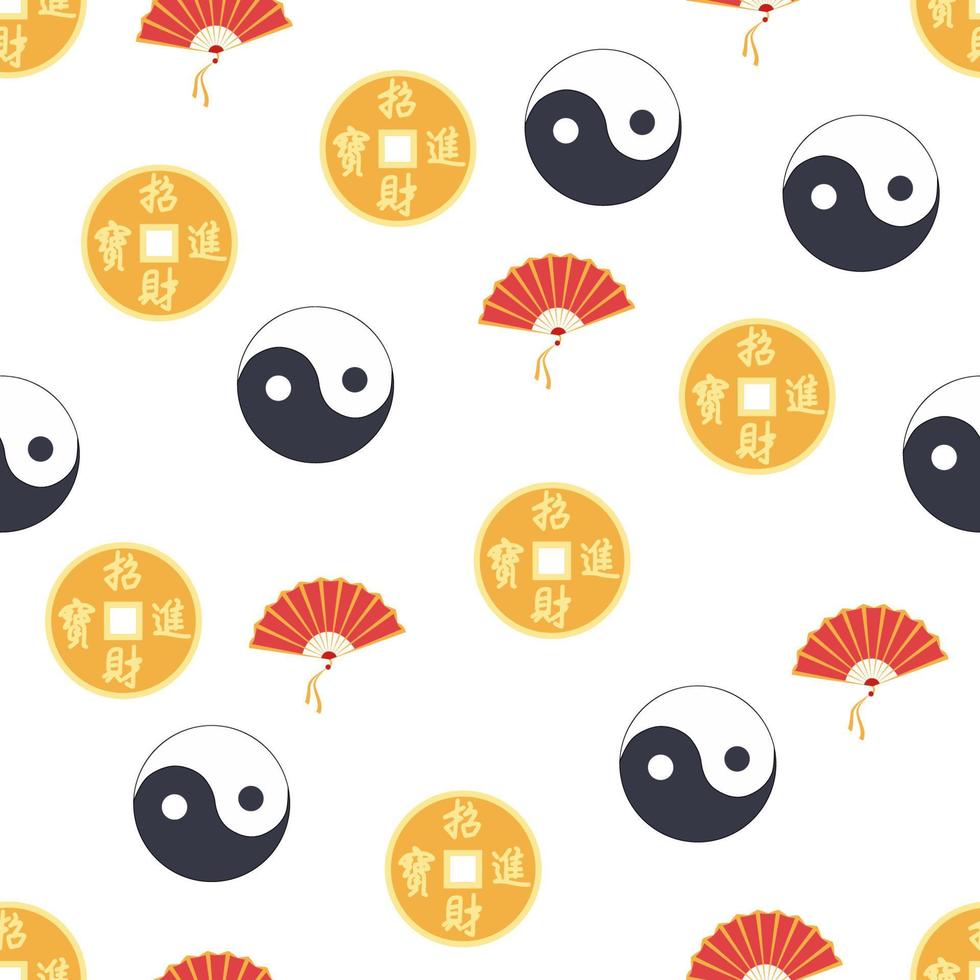 Chinese naadloos patroon met feng shui Chinese munt met gat, Yin Yang, fan, papier lantaarn vector