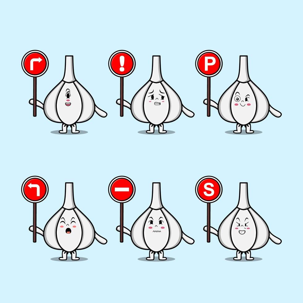 schattig knoflook tekenfilm karakter Holding verkeer teken vector