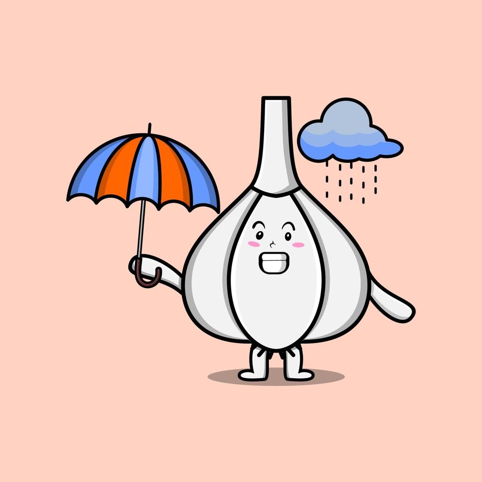 schattig tekenfilm knoflook in regen en gebruik makend van een paraplu vector