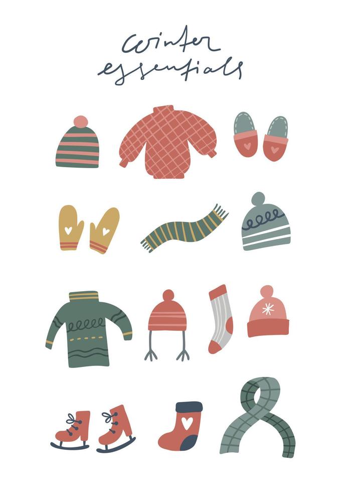 winter benodigdheden. Kerstmis kaart. hand- getrokken illustratie in tekenfilm stijl. schattig concept voor Kerstmis. illustratie voor de ontwerp ansichtkaart, textiel, kleding, decor vector